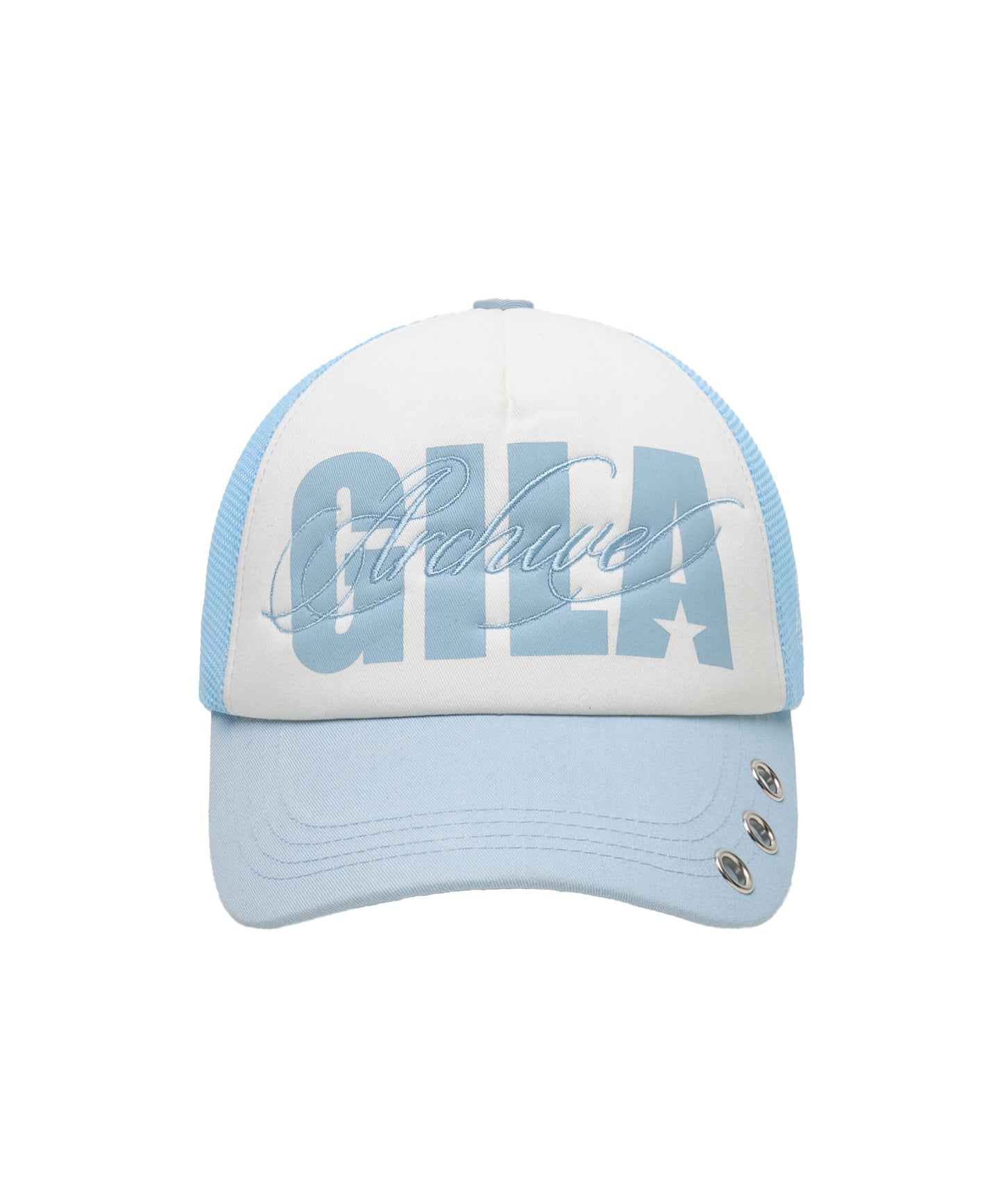EYELET BOLD LOGO MESH CAP SKY BLUE