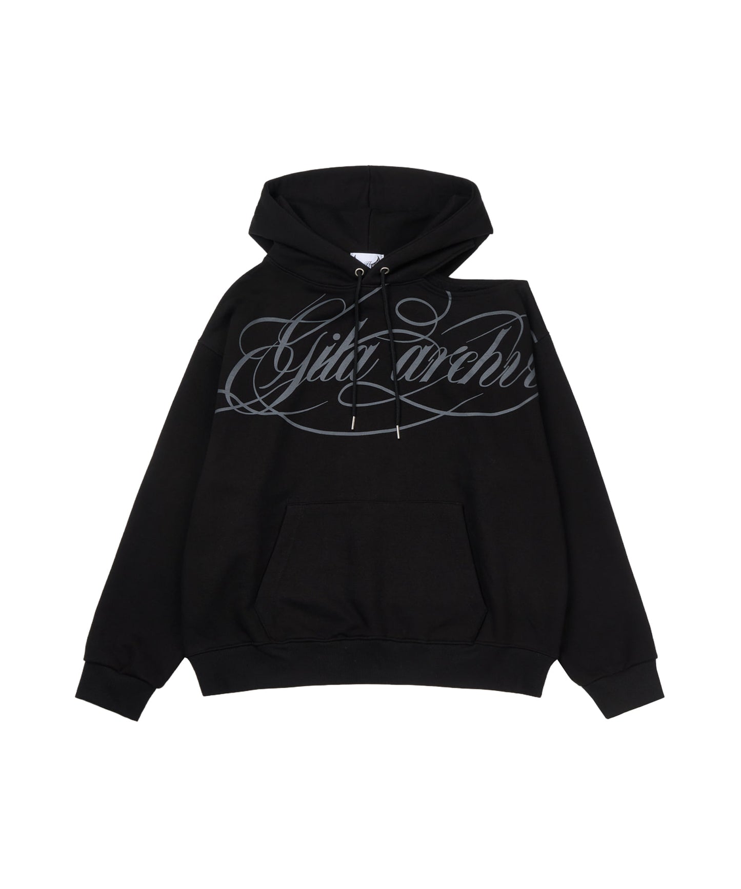 SCRIPT LETTERING ONE SHOULDER HOODIE BLACK