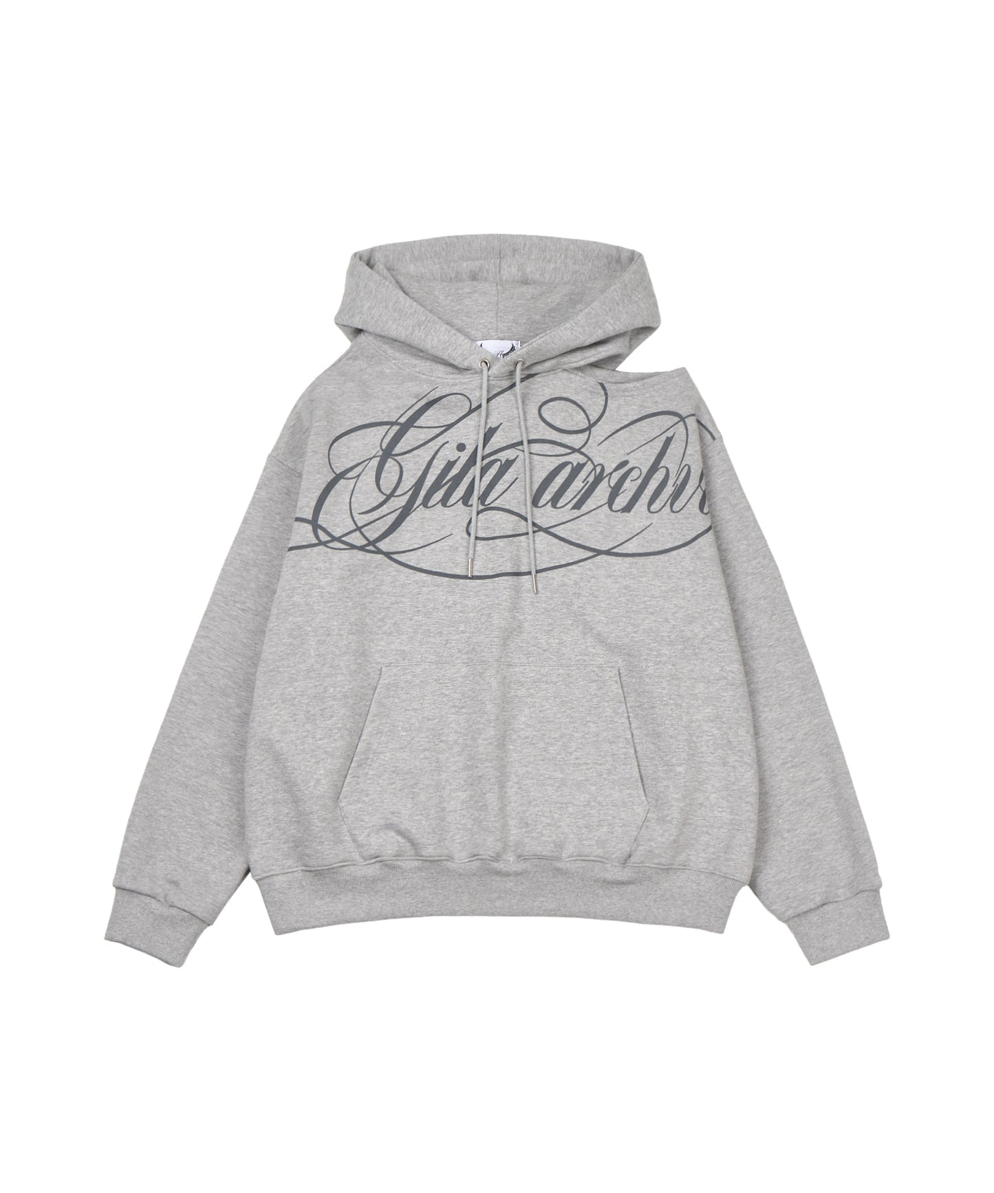 SCRIPT LETTERING ONE SHOULDER HOODIE GREY