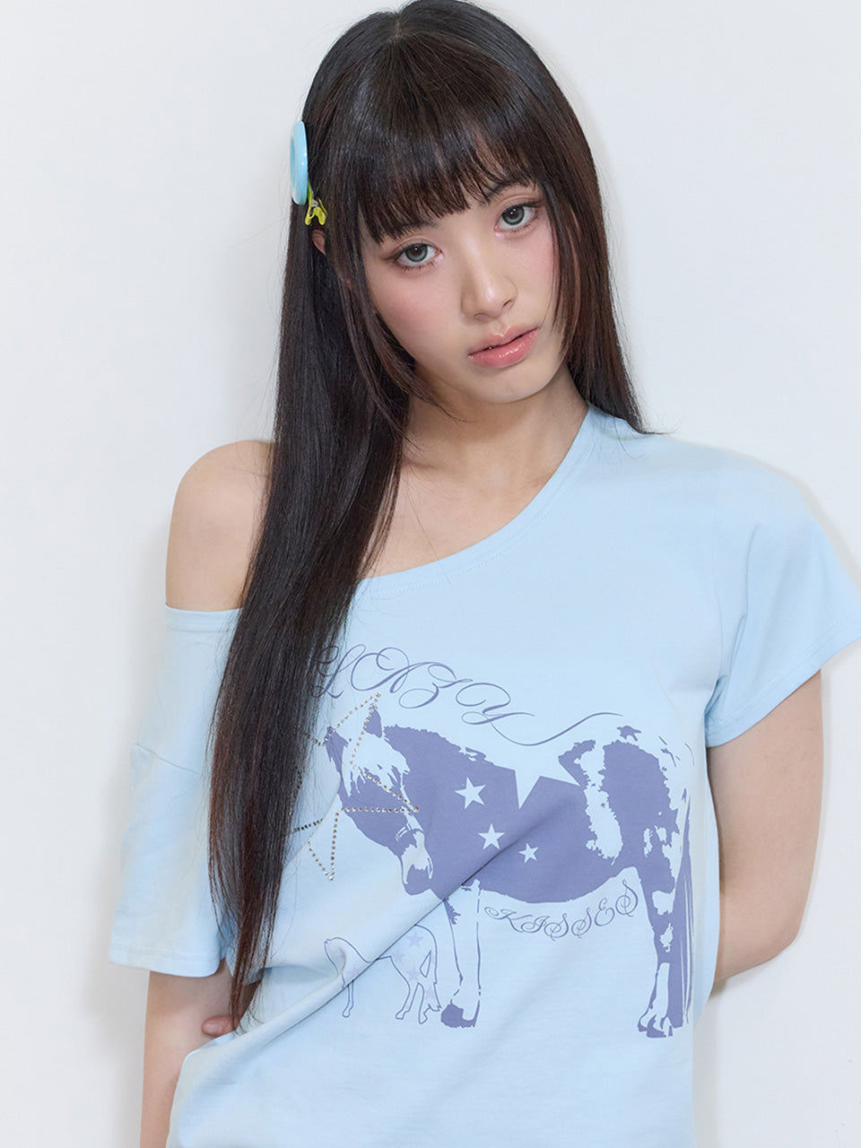 ONE-SHOULDER HORSE TEE BLUE