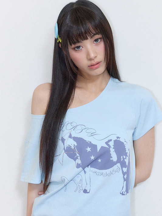 ONE-SHOULDER HORSE TEE BLUE