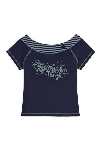 SWEET STRIPE BOAT NECK TEE NAVY