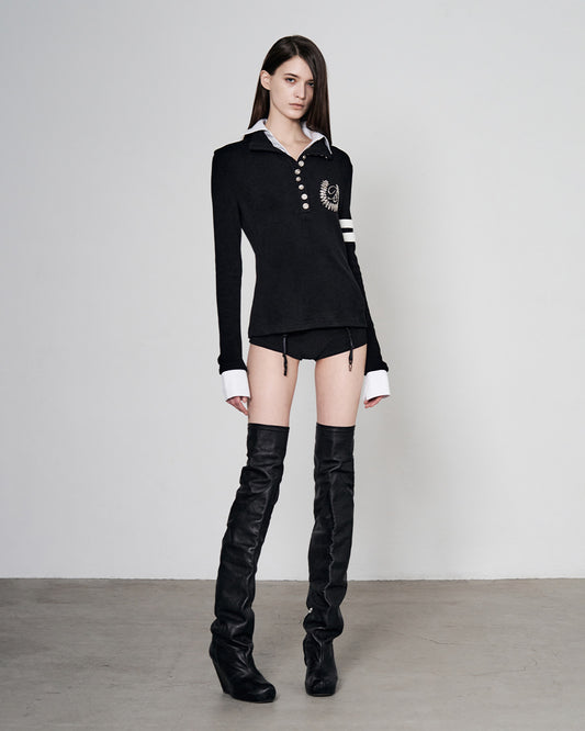 BEADED DOUBLE COLLAR TOP BLACK