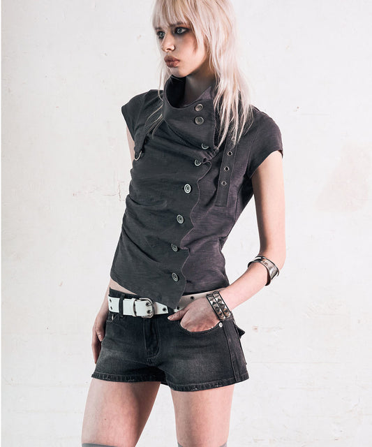 DRAPE BUTTON SHIRRING TOP GREY