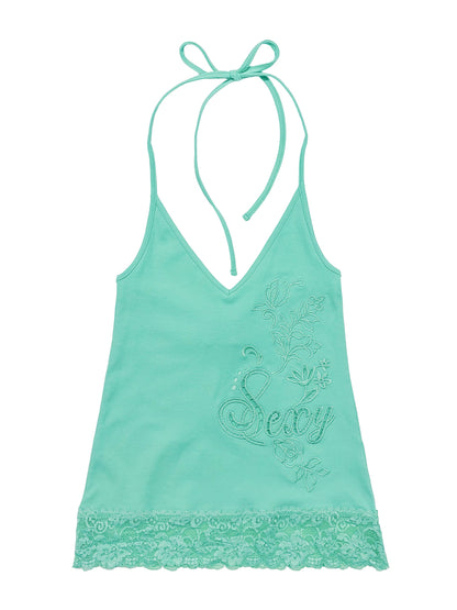 EYELET EMBROIDERY HALTER TOP MINT