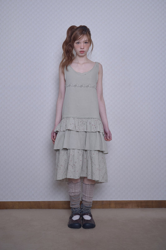 FAIRY NEEDLEWORK TIERED DRESS GREEN
