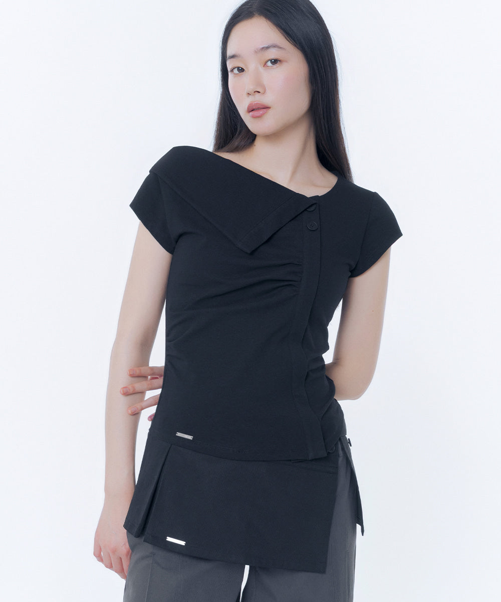 FOLDING COLLAR SHIRRING TOP BLACK