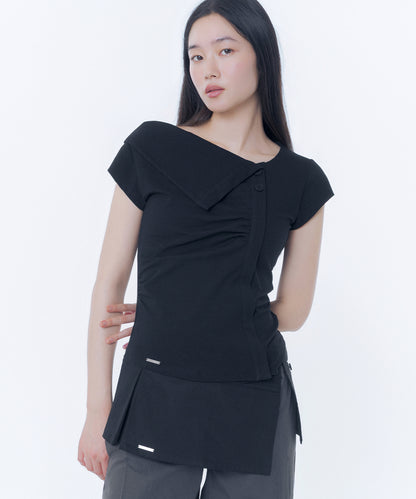 FOLDING COLLAR SHIRRING TOP BLACK