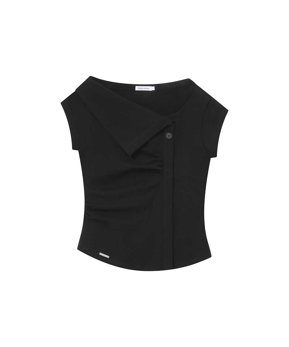 FOLDING COLLAR SHIRRING TOP BLACK