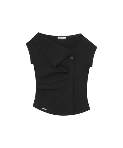 FOLDING COLLAR SHIRRING TOP BLACK