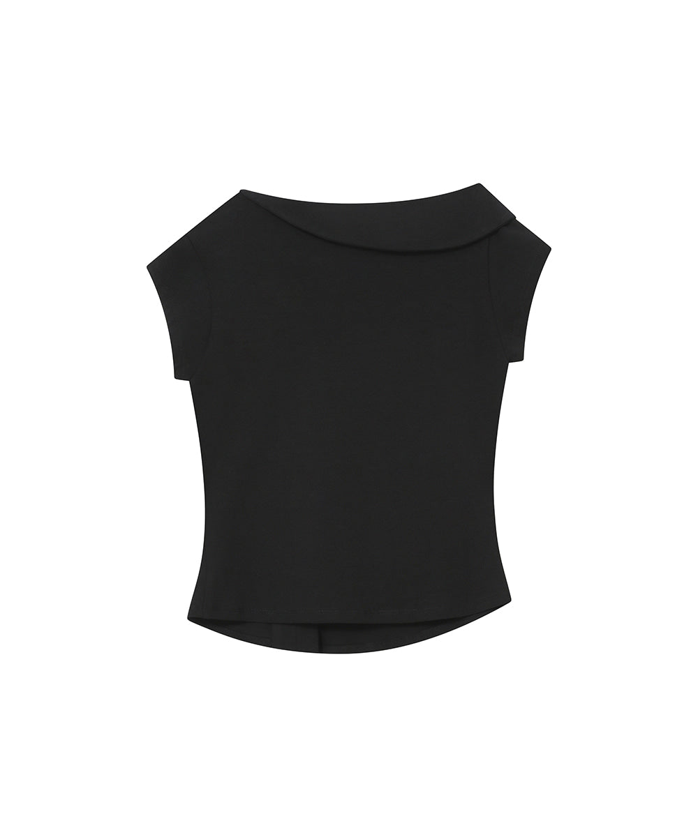 FOLDING COLLAR SHIRRING TOP BLACK