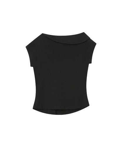 FOLDING COLLAR SHIRRING TOP BLACK