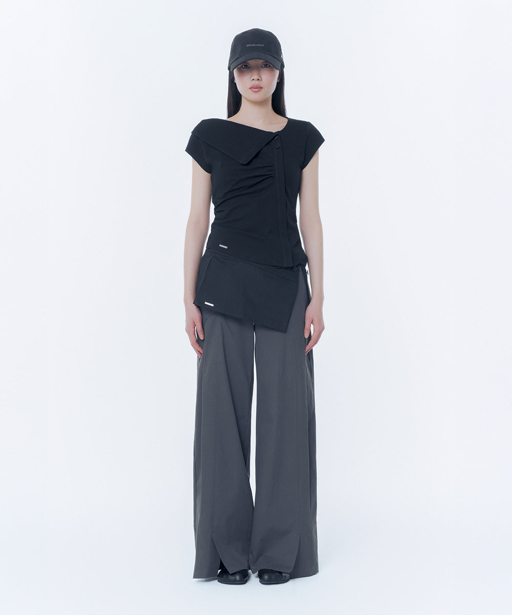 FOLDING COLLAR SHIRRING TOP BLACK