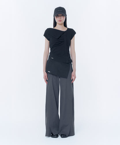 FOLDING COLLAR SHIRRING TOP BLACK