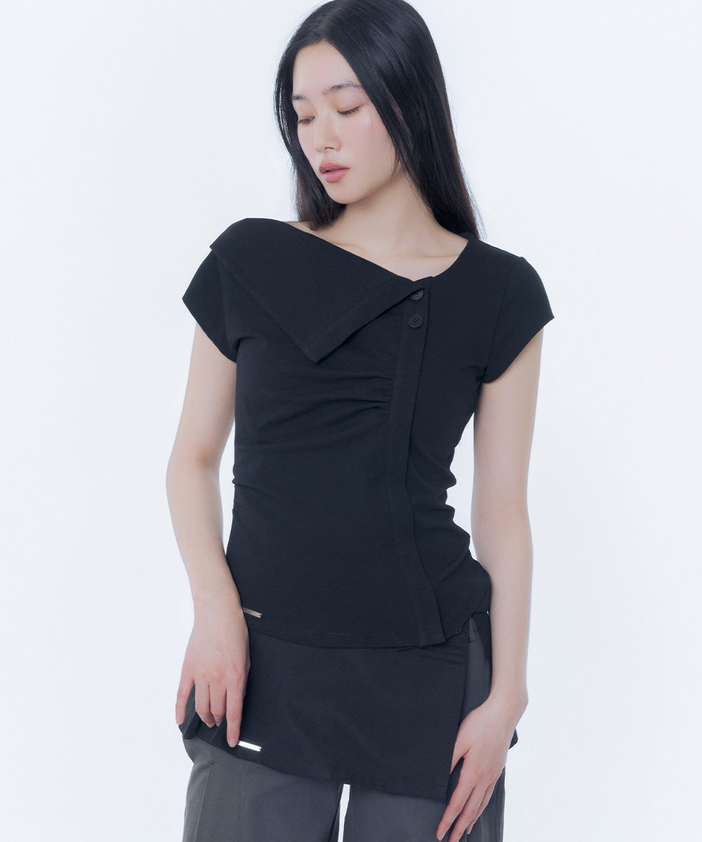 FOLDING COLLAR SHIRRING TOP BLACK