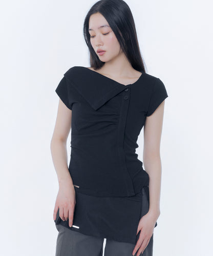 FOLDING COLLAR SHIRRING TOP BLACK