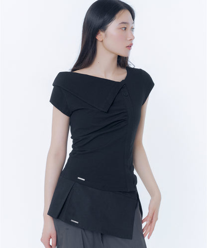 FOLDING COLLAR SHIRRING TOP BLACK