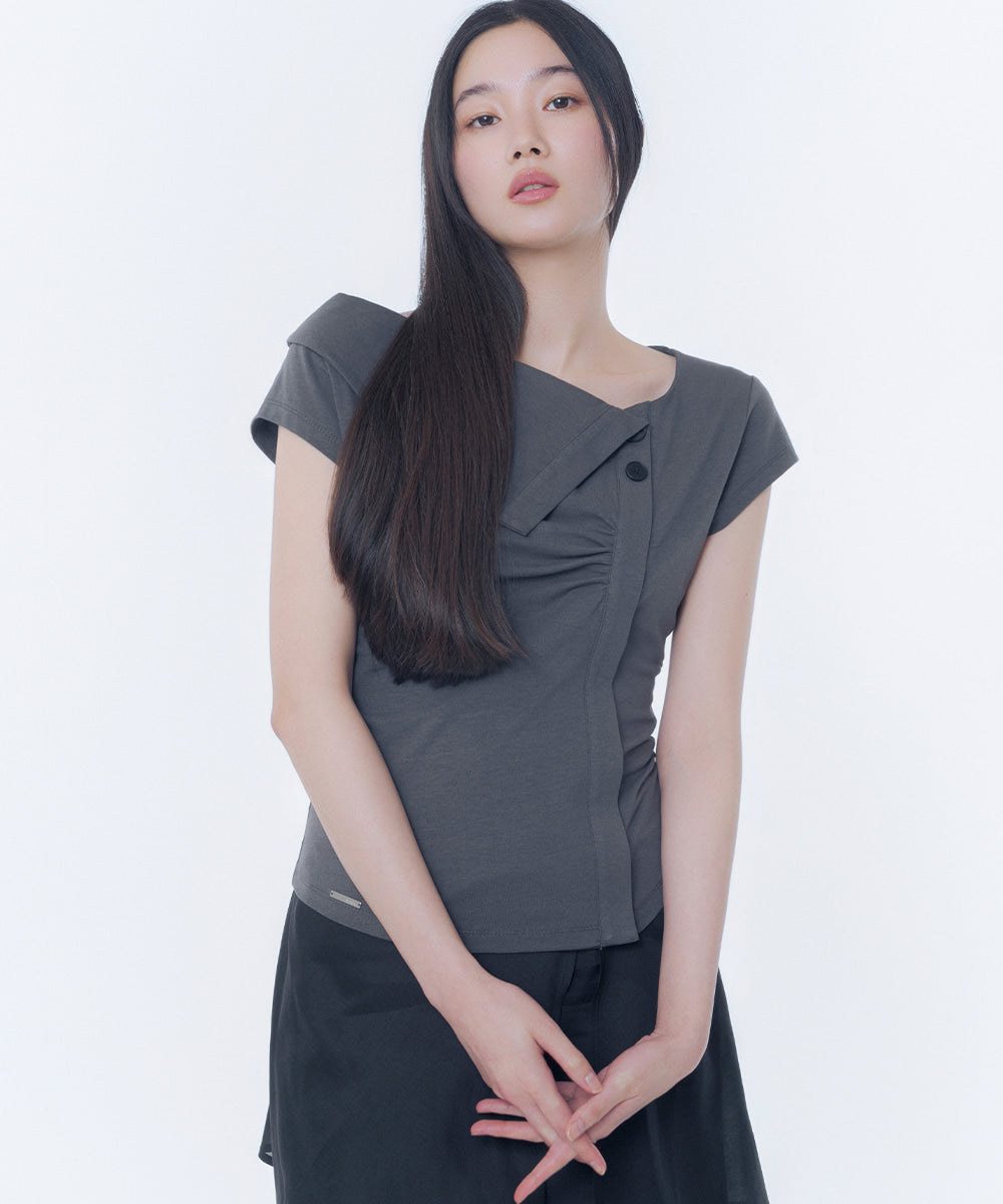 FOLDING COLLAR SHIRRING TOP CHARCOAL