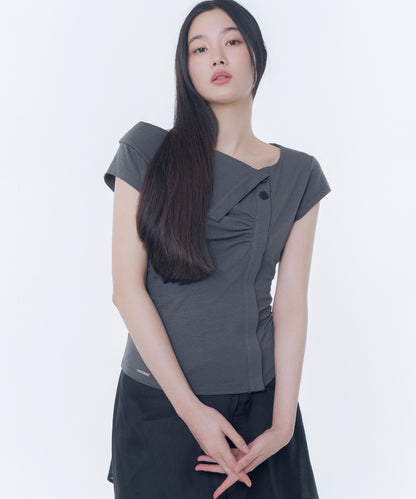 FOLDING COLLAR SHIRRING TOP CHARCOAL