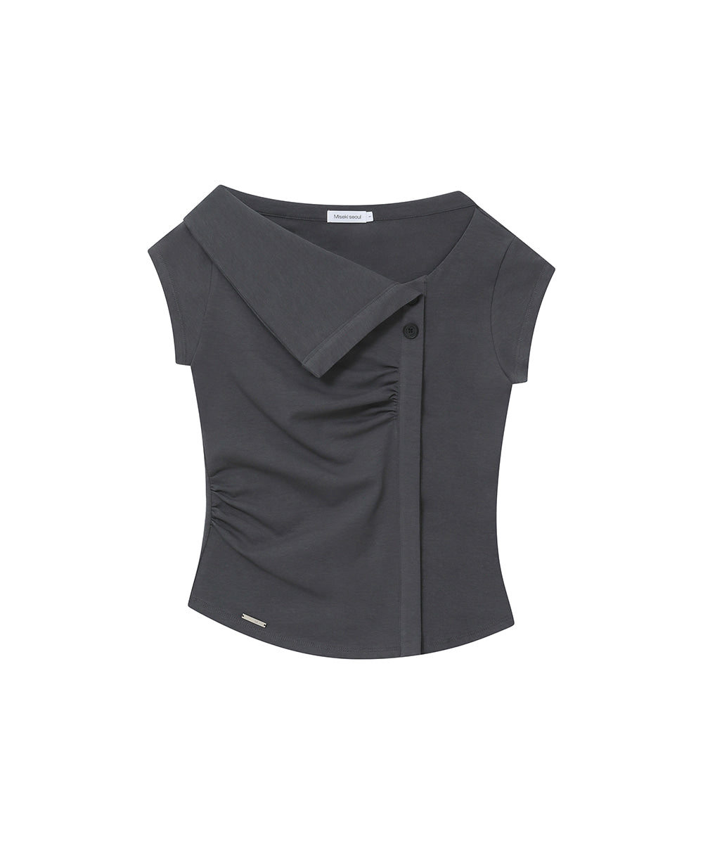 FOLDING COLLAR SHIRRING TOP CHARCOAL