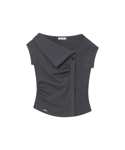 FOLDING COLLAR SHIRRING TOP CHARCOAL