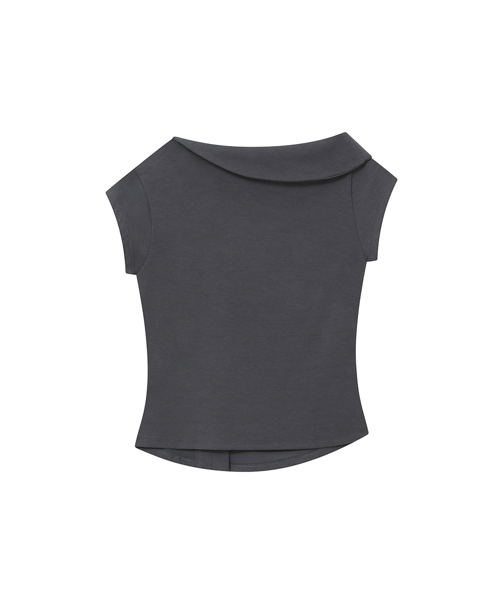 FOLDING COLLAR SHIRRING TOP CHARCOAL