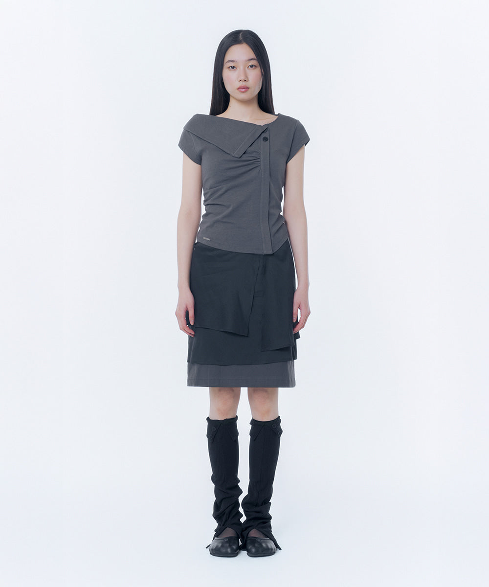 FOLDING COLLAR SHIRRING TOP CHARCOAL
