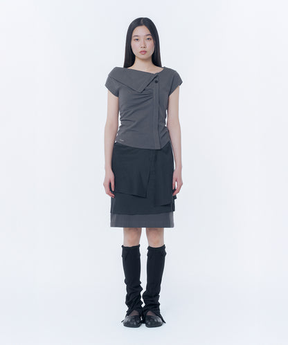 FOLDING COLLAR SHIRRING TOP CHARCOAL
