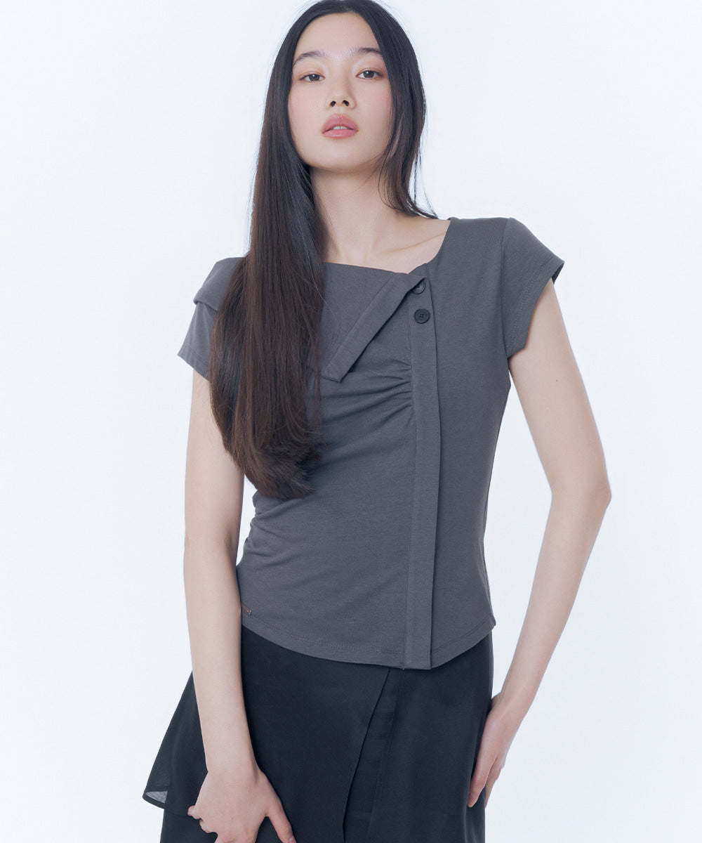 FOLDING COLLAR SHIRRING TOP CHARCOAL