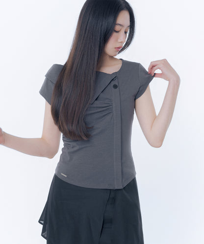 FOLDING COLLAR SHIRRING TOP CHARCOAL