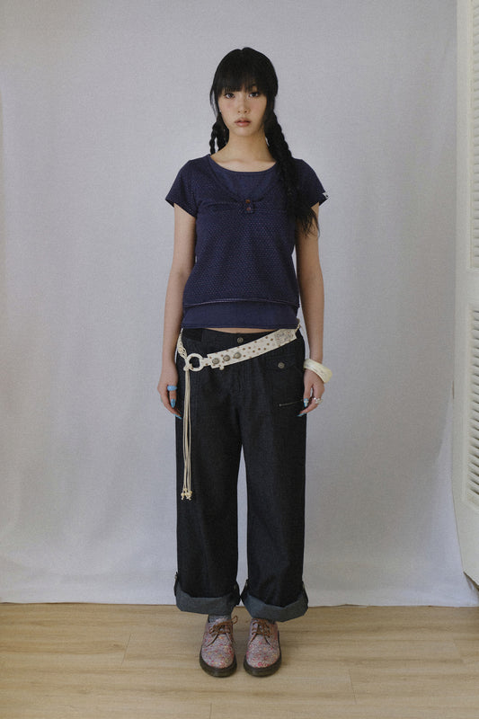 LAYERED HENRY NECK TOP NAVY