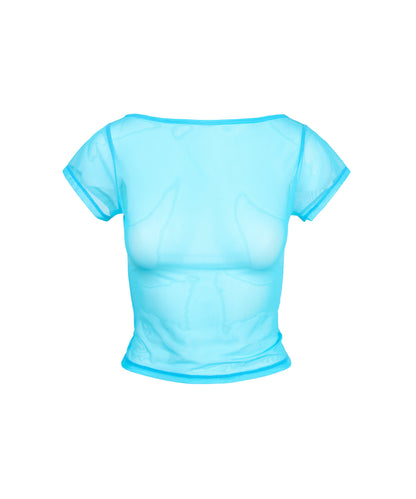 LETTERING LOGO BACKLESS SHEER CROP TOP BLUE