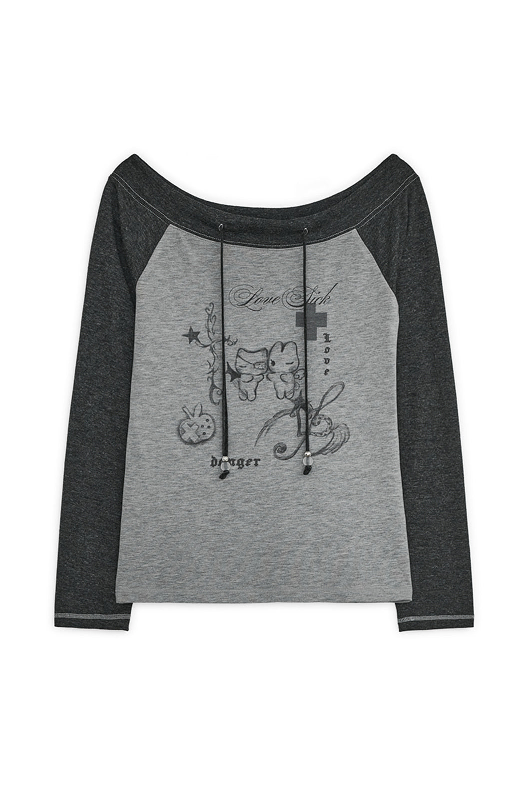 LOVE SICK DRAWING OFF-SHOULDER TOP CHARCOAL