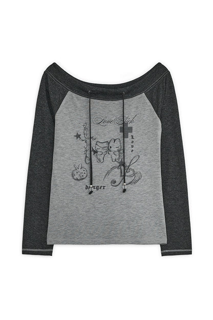 LOVE SICK DRAWING OFF-SHOULDER TOP CHARCOAL