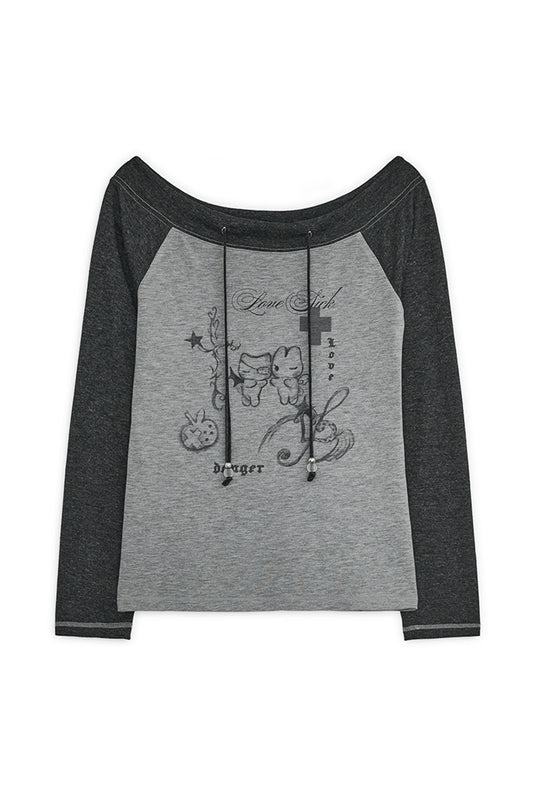 LOVE SICK DRAWING OFF-SHOULDER TOP CHARCOAL