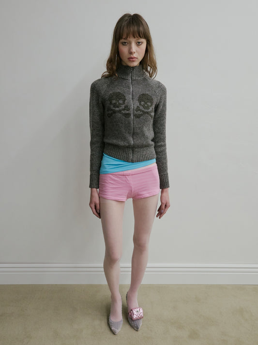 SKULL ZIP-UP SWEATER MELANGE GREY