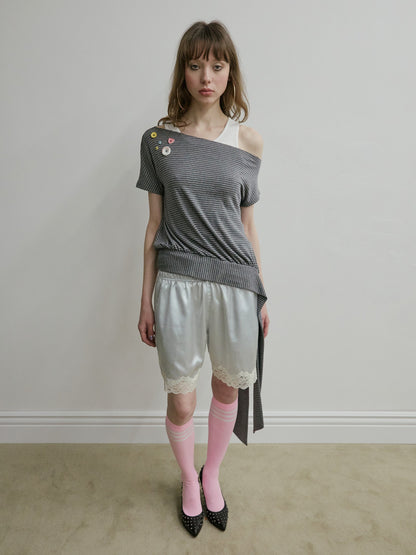 OFF-SHOULDER BUTTON TEE MELANGE GREY