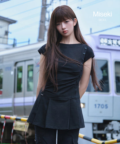 PLEATS BUTTON MINI ONE PIECE CHARCOAL