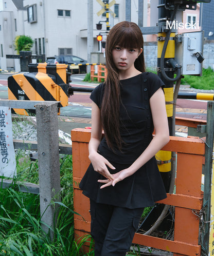 PLEATS BUTTON MINI ONE PIECE BLACK