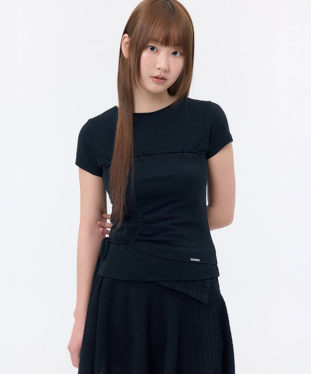 STRING SHIRRING SHORT SLEEVE BLACK