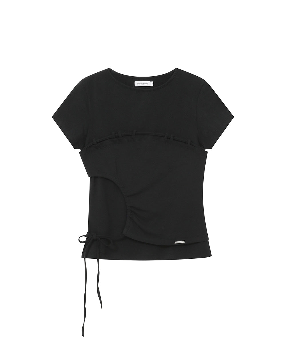 STRING SHIRRING SHORT SLEEVE BLACK