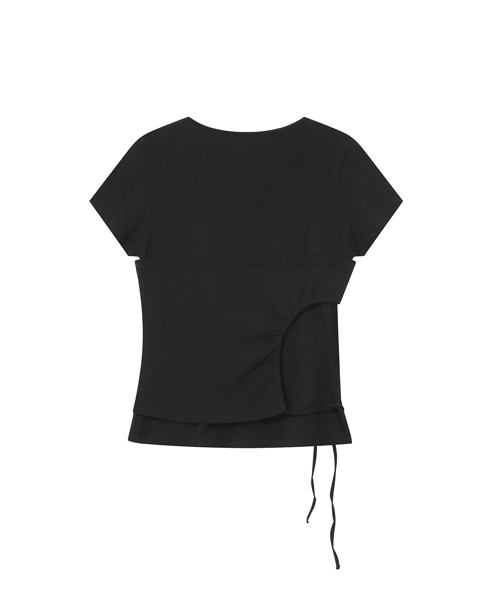 STRING SHIRRING SHORT SLEEVE BLACK