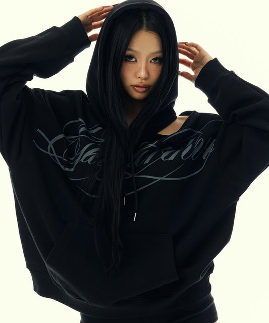 SCRIPT LETTERING ONE SHOULDER HOODIE BLACK