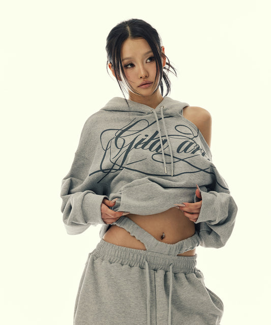 SCRIPT LETTERING ONE SHOULDER HOODIE GREY