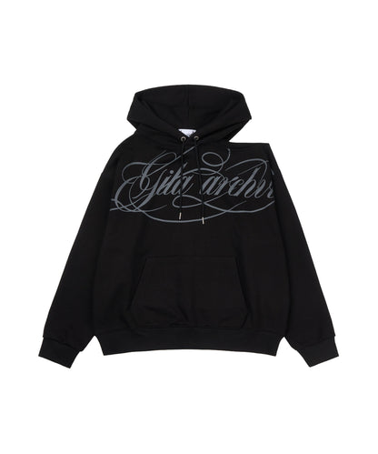 SCRIPT LETTERING ONE SHOULDER HOODIE BLACK