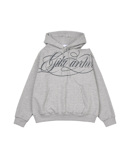 SCRIPT LETTERING ONE SHOULDER HOODIE GREY