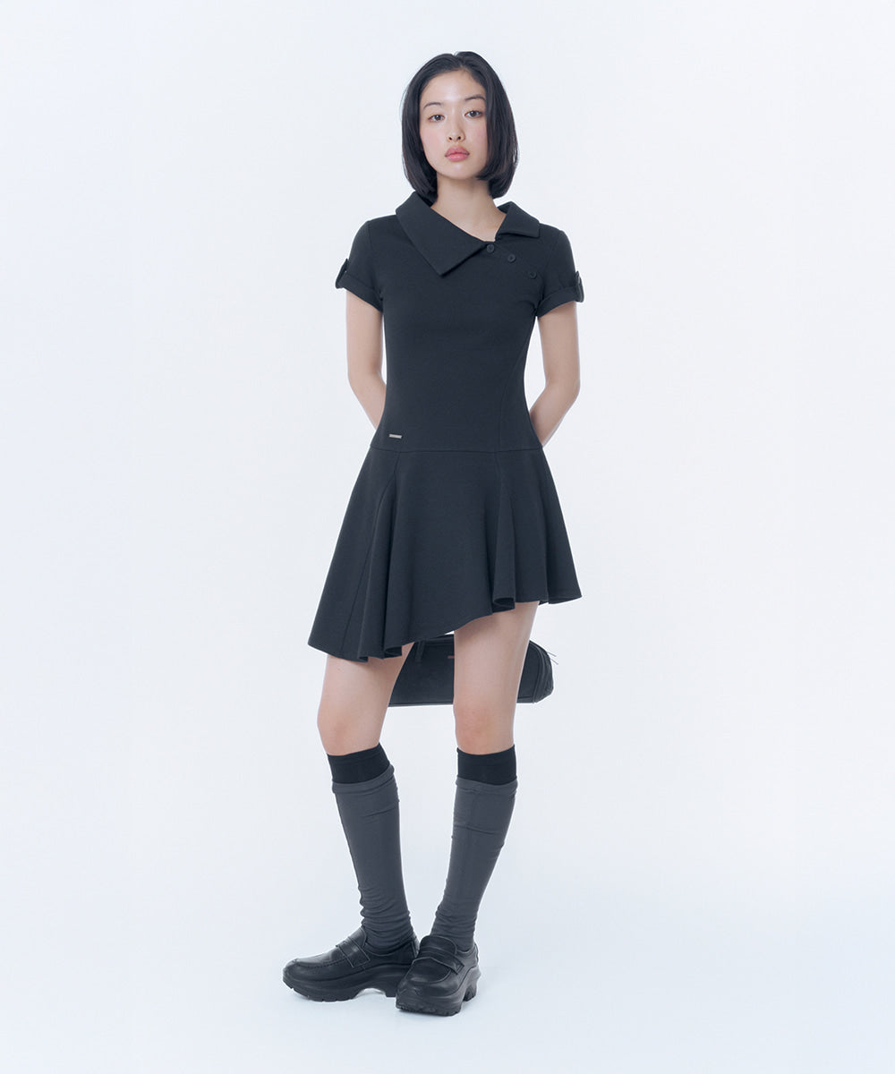 SLASH BUTTON FLARE ONE PIECE BLACK