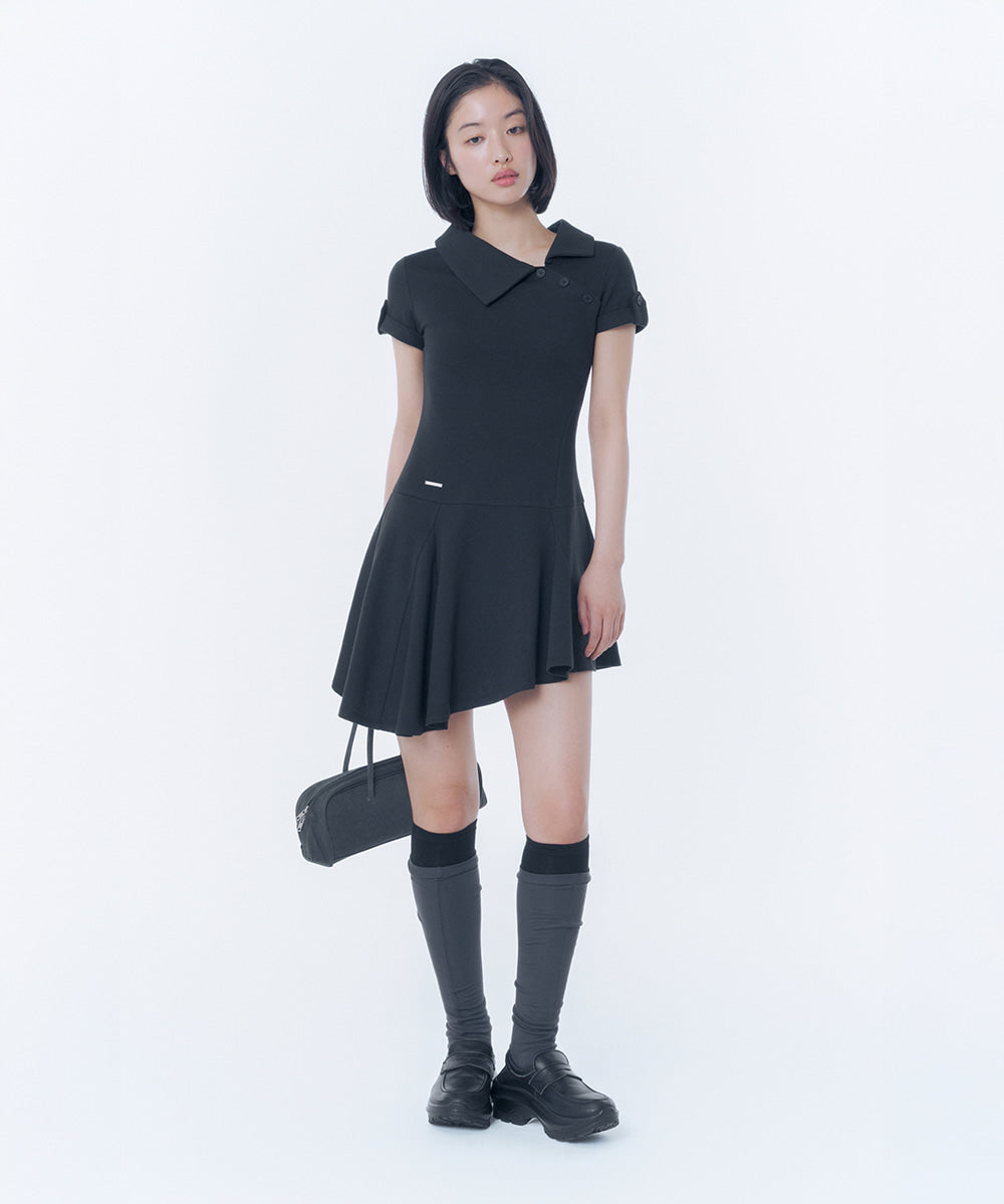SLASH BUTTON FLARE ONE PIECE BLACK