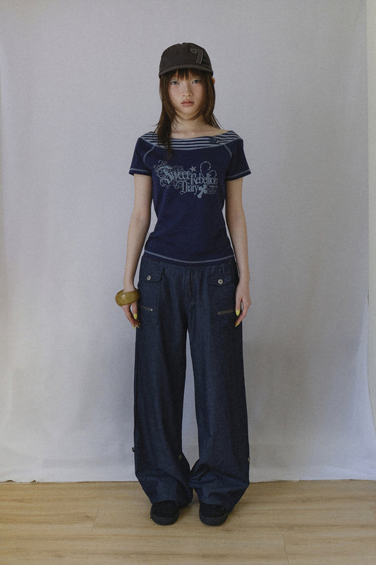 SWEET STRIPE BOAT NECK TEE NAVY