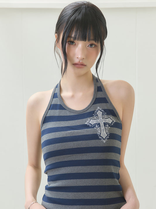 CROSS HALTER NECK TOP(CHARCOAL)